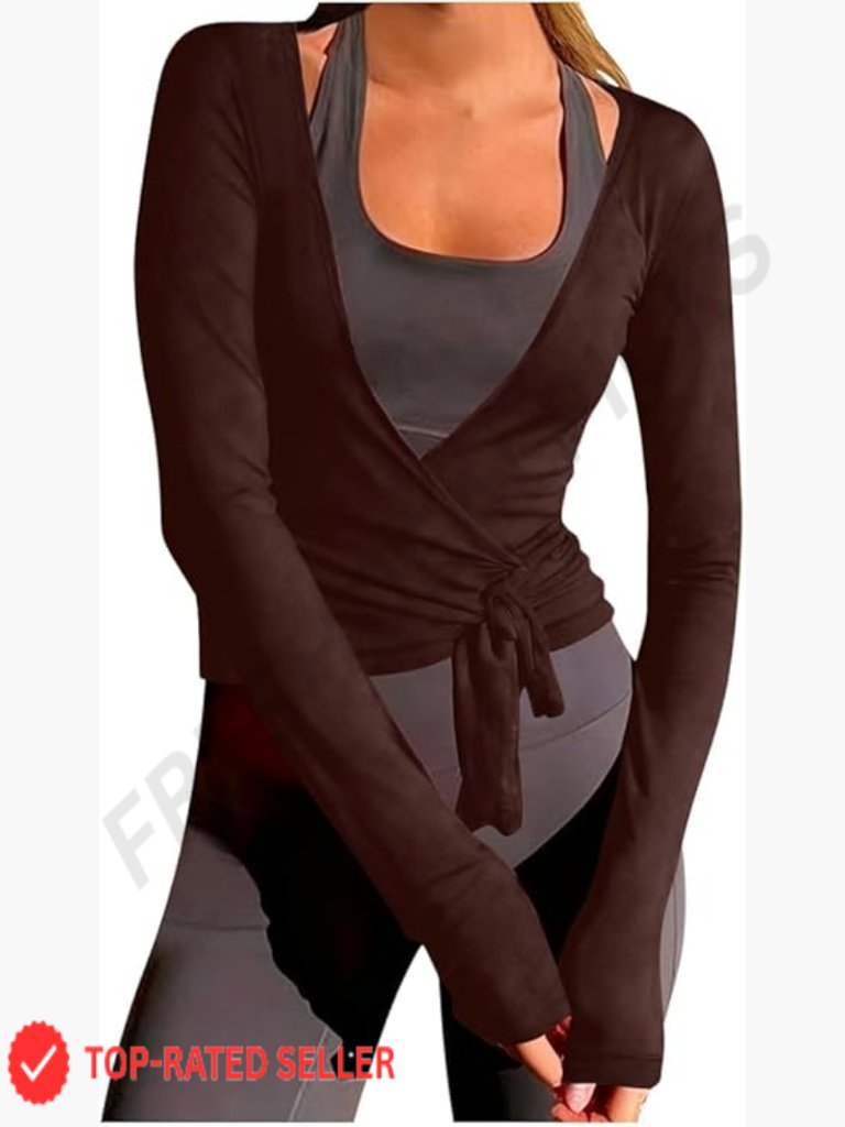 Ballet Wrap Top Long Sleeve V-Neck Slim Fit Yoga Crop Tee Tie Front Workout